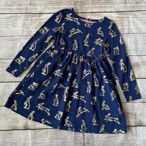 Mini Boden Long Sleeve Cotton Jersey Dress Navy Gold Bunny  Prints (6-7Y)